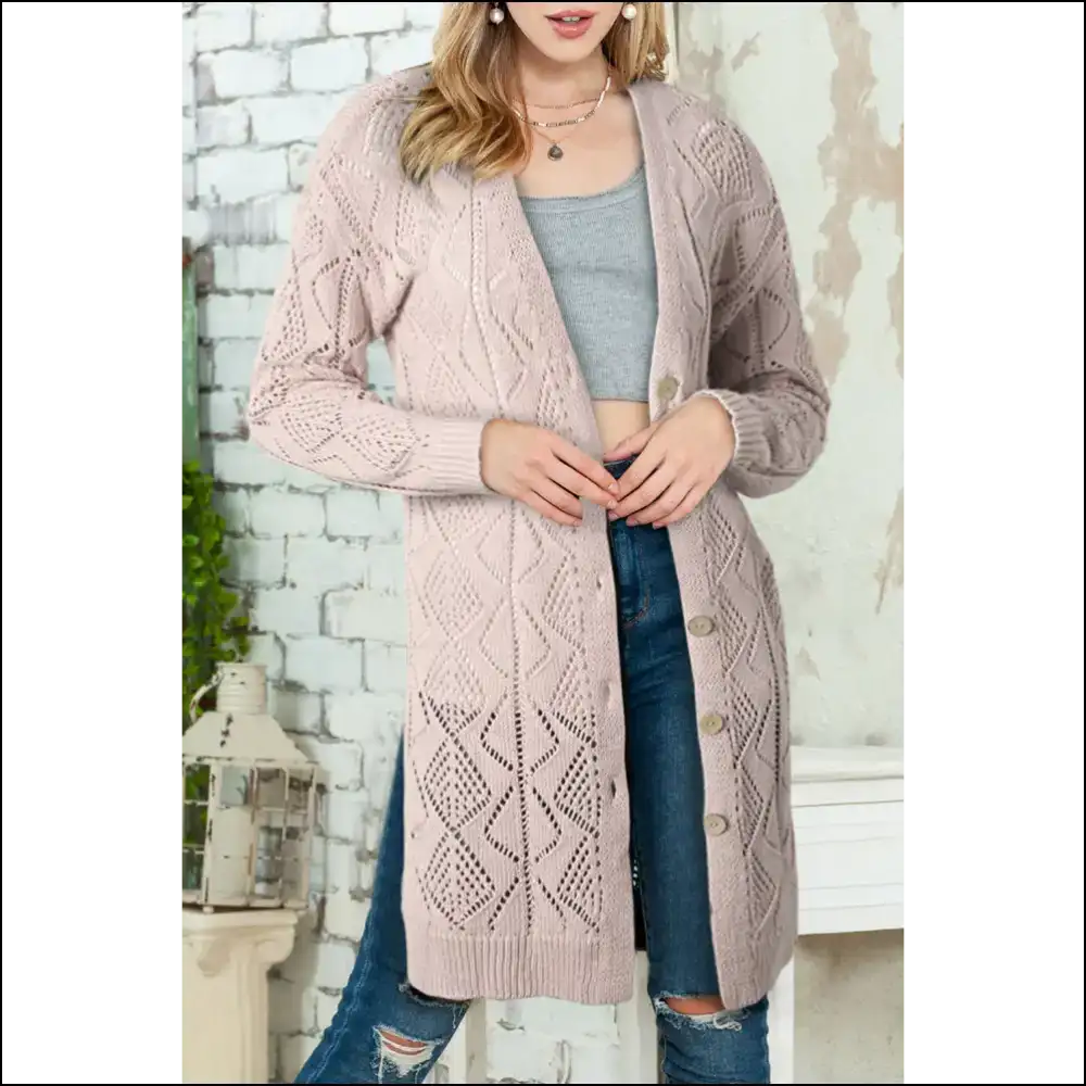 Khaki Button-up Hollow out Long Cardigan Itâs Practically Therapy - s - Cardigans on Sale Worldwide Shipping