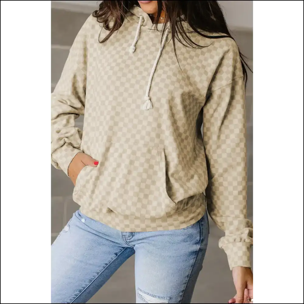 Khaki Checkered Kangaroo Pocket Hoodie: Drip or Die Trying Needful Things π - s - Sweatshirts & Hoodies on Sale Worldwide Shipping