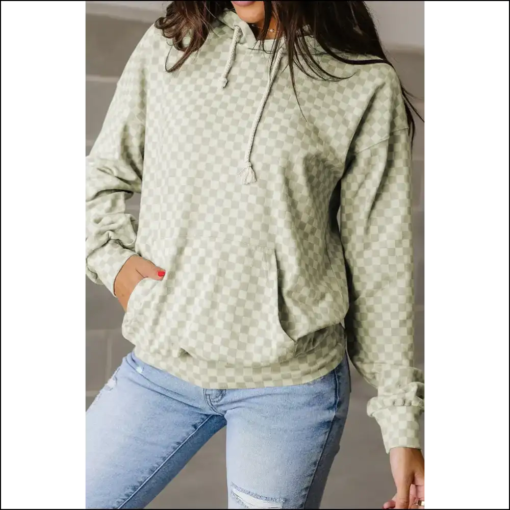 Khaki Checkered Kangaroo Pocket Hoodie: Drip or Die Trying Needful Things π - Green / s - Sweatshirts & Hoodies on Sale Worldwide Shipping