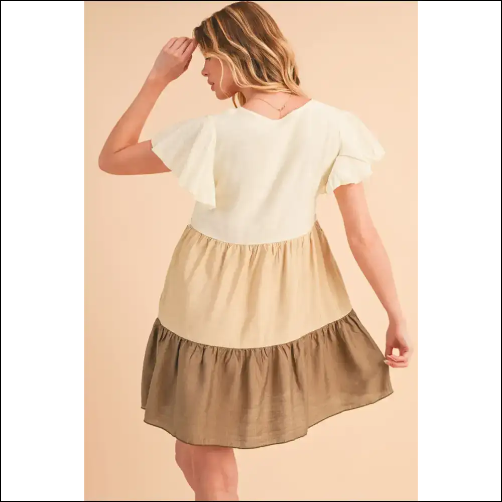 Khaki Colorblock Flutter Sleeve: Dress Like you Own the Bank 🤑 Needful Things - Short Dresses on Sale Worldwide Shipping