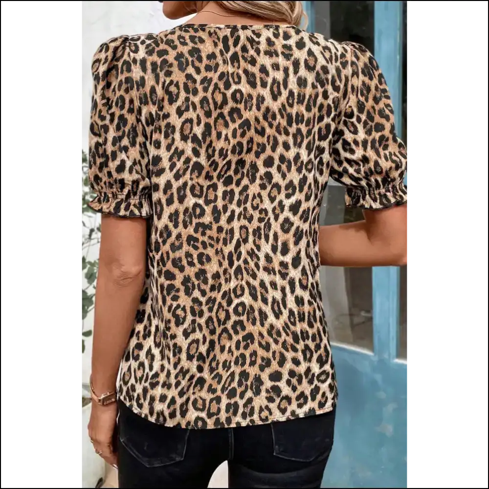 Khaki Leopard Puff Sleeve Ruffle Blouse Rawr - Blouses on Sale Worldwide Shipping