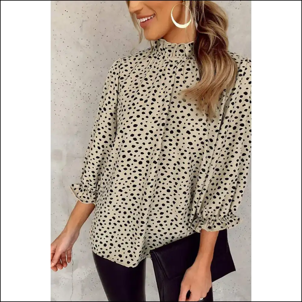 Khaki Leopard Ruffle Sleeve: Unleash your Inner Basic Beast ๐ Needful Things - s - Blouses on Sale Worldwide Shipping