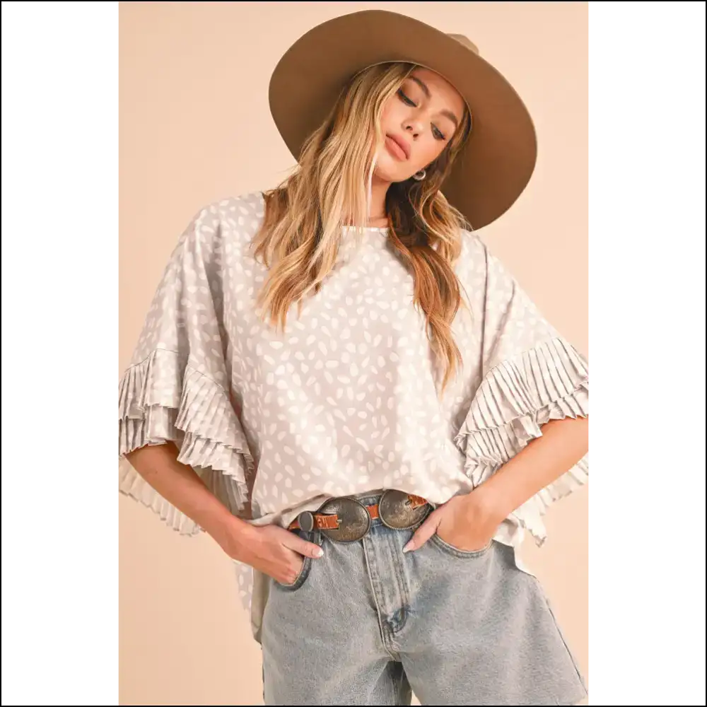 Khaki Spotted Ruffle Sleeve Blouse: Feel Good π Needful Things - Blouses on Sale Worldwide Shipping