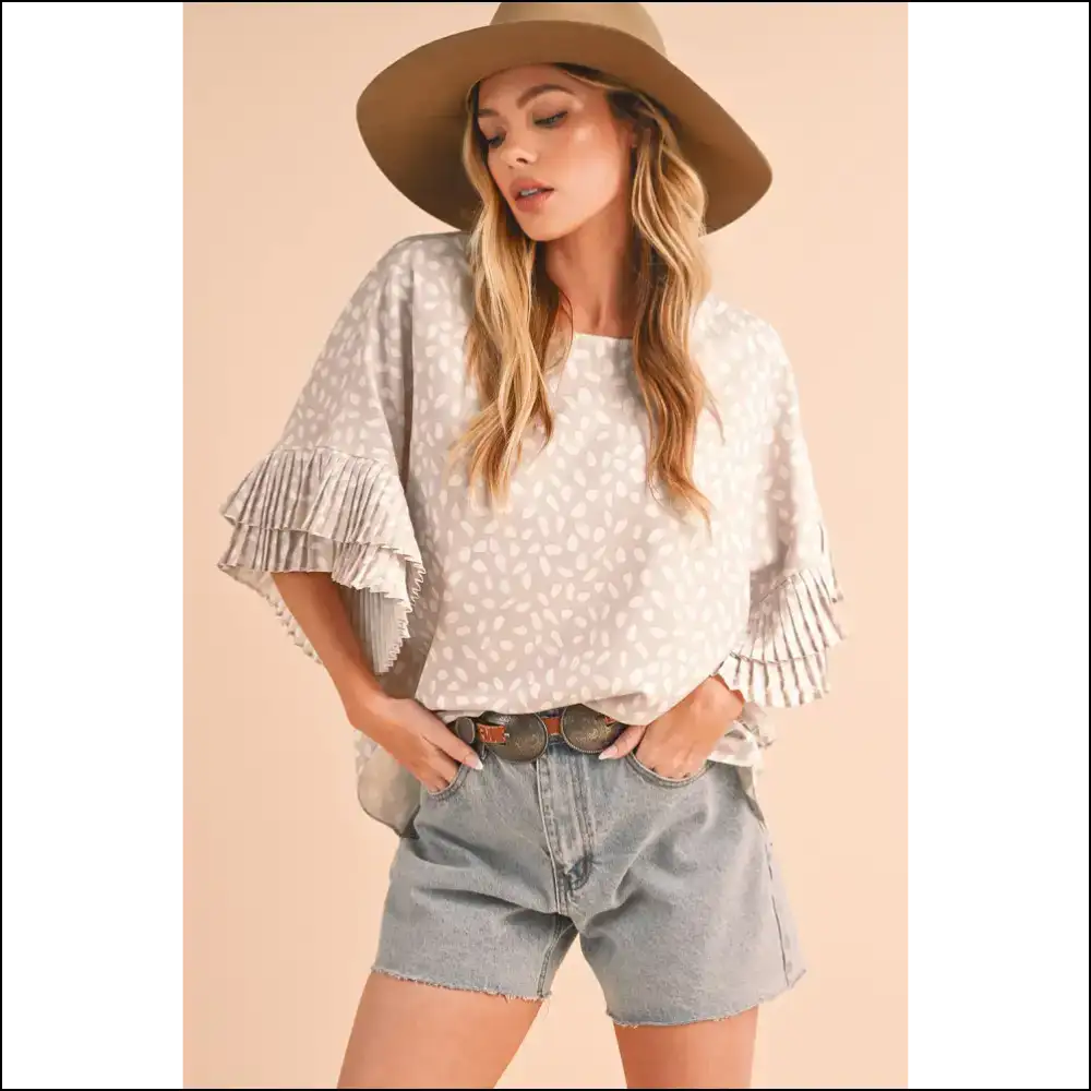 Khaki Spotted Ruffle Sleeve Blouse: Feel Good π Needful Things - Blouses on Sale Worldwide Shipping