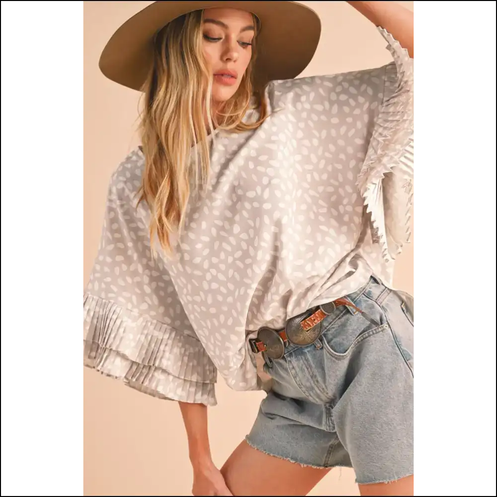 Khaki Spotted Ruffle Sleeve Blouse: Feel Good π Needful Things - Blouses on Sale Worldwide Shipping