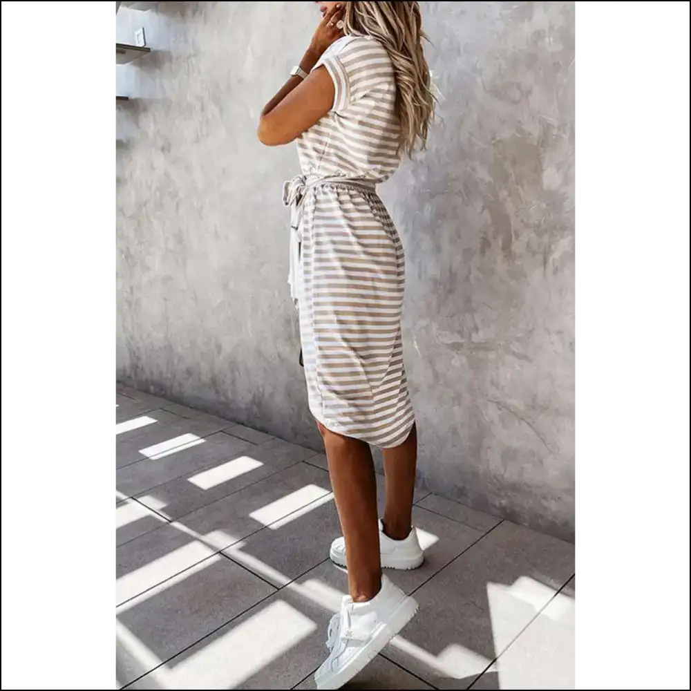 Khaki Stripe Belted Midi Dress: Look Good you Betcha! Needful Things ๐ - Dresses on Sale Worldwide Shipping