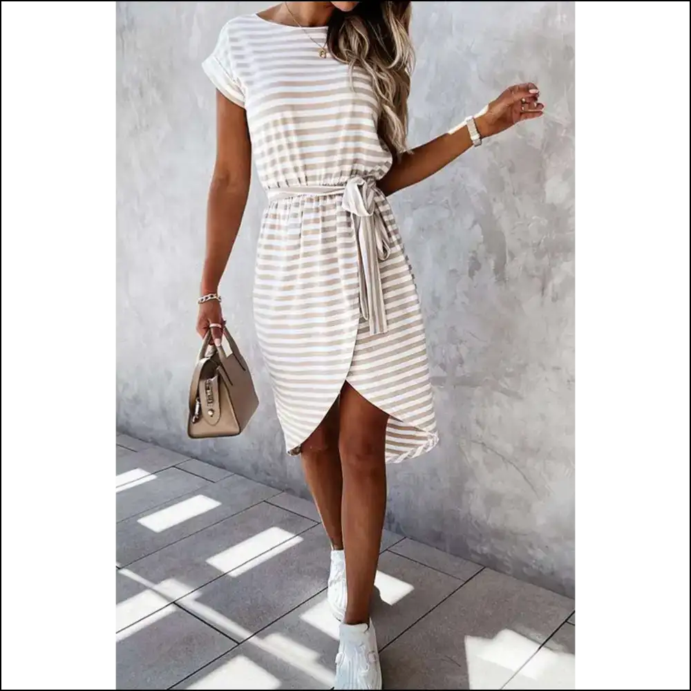 Khaki Stripe Belted Midi Dress: Look Good you Betcha! Needful Things ๐ - Dresses on Sale Worldwide Shipping