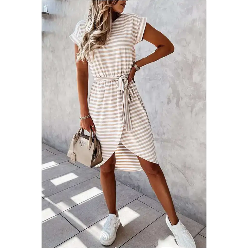 Khaki Stripe Belted Midi Dress: Look Good you Betcha! Needful Things ๐ - Dresses on Sale Worldwide Shipping
