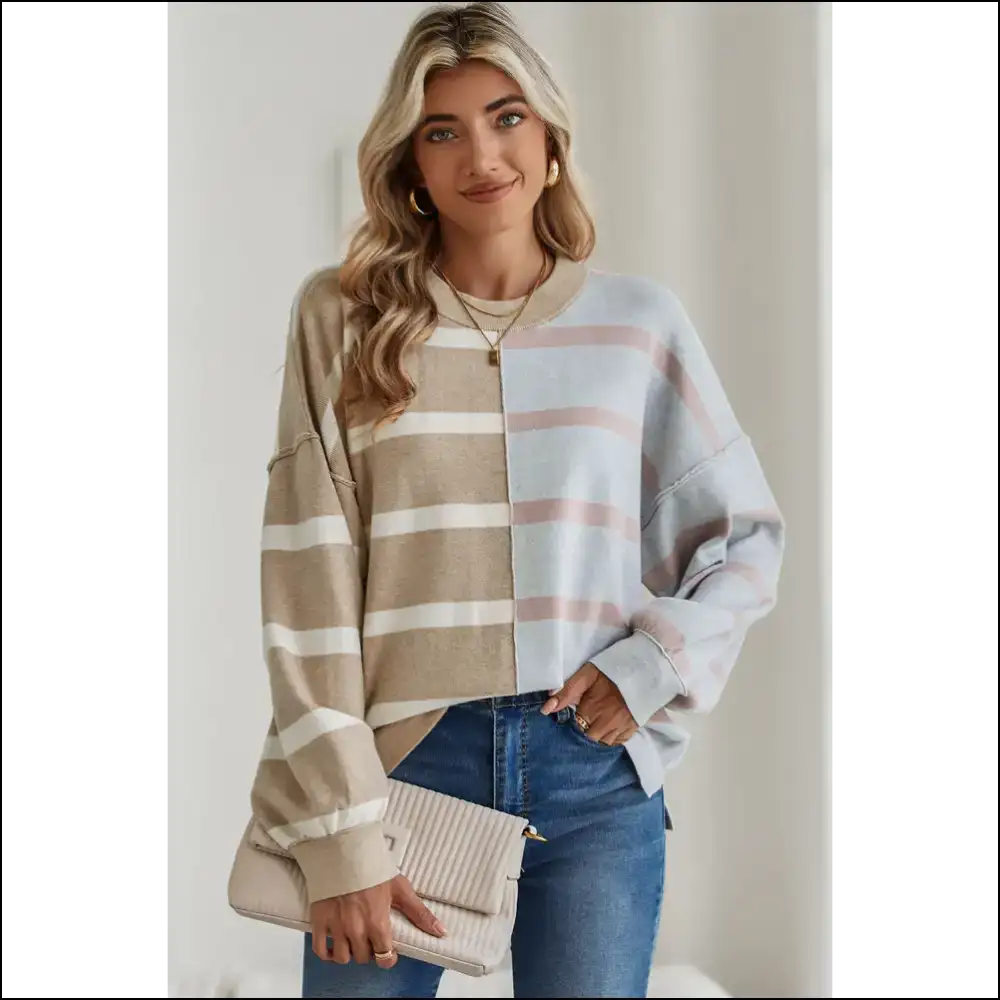Khaki Stripe Exposed Seam Loose Sweatshirt: Steal Hearts - Light French Beige / s - Sweatshirts & Hoodies on Sale Worldwide Shipping