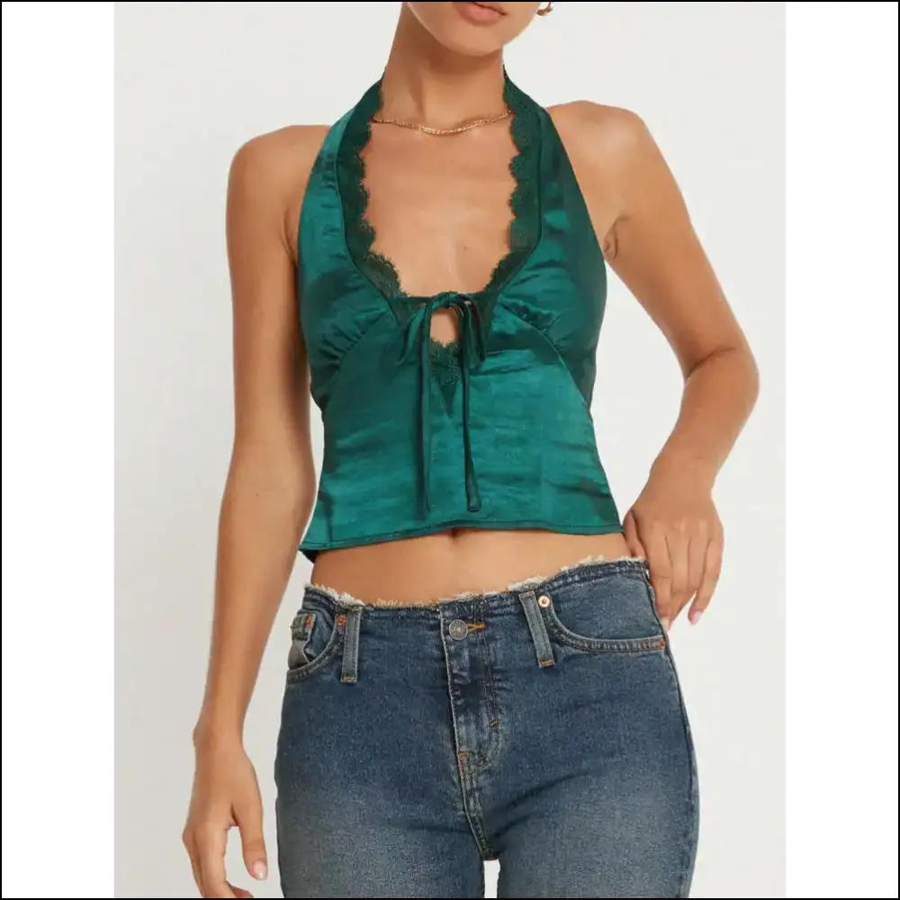 Lace Detail Halter Neck Tank Top - Teal / l - Tops on Sale Worldwide Shipping