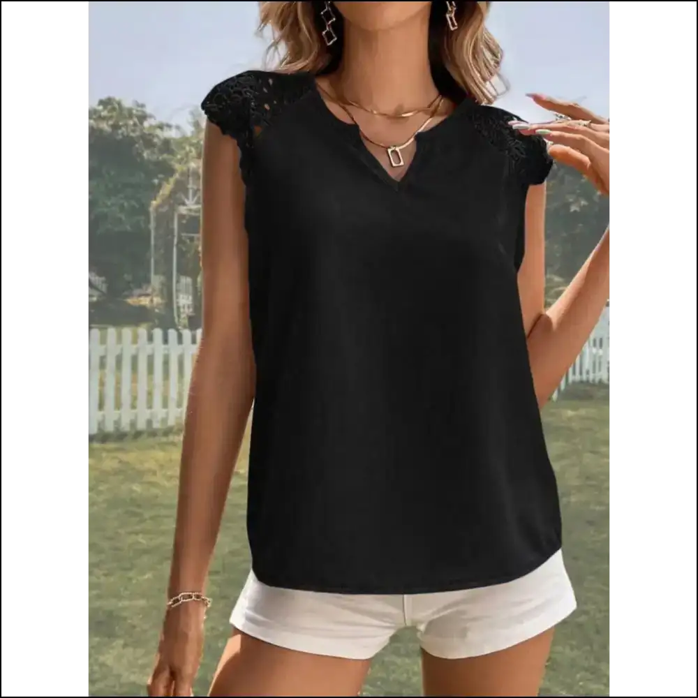 Lace Detail Notched Tank - Chic & Sexy - Black / s - Tops on Sale Worldwide Shipping