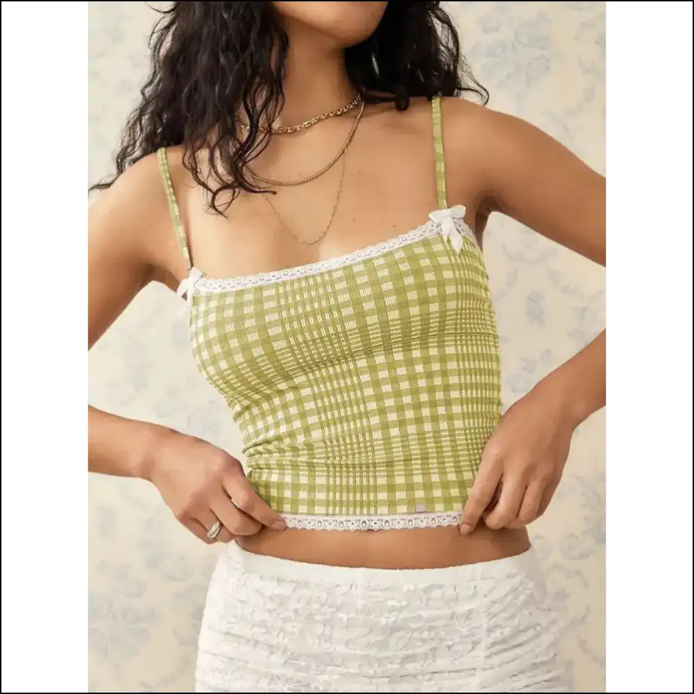 Lace Detail Plaid Square Neck Cami - Mustard / s - Tank Tops on Sale Worldwide Shipping