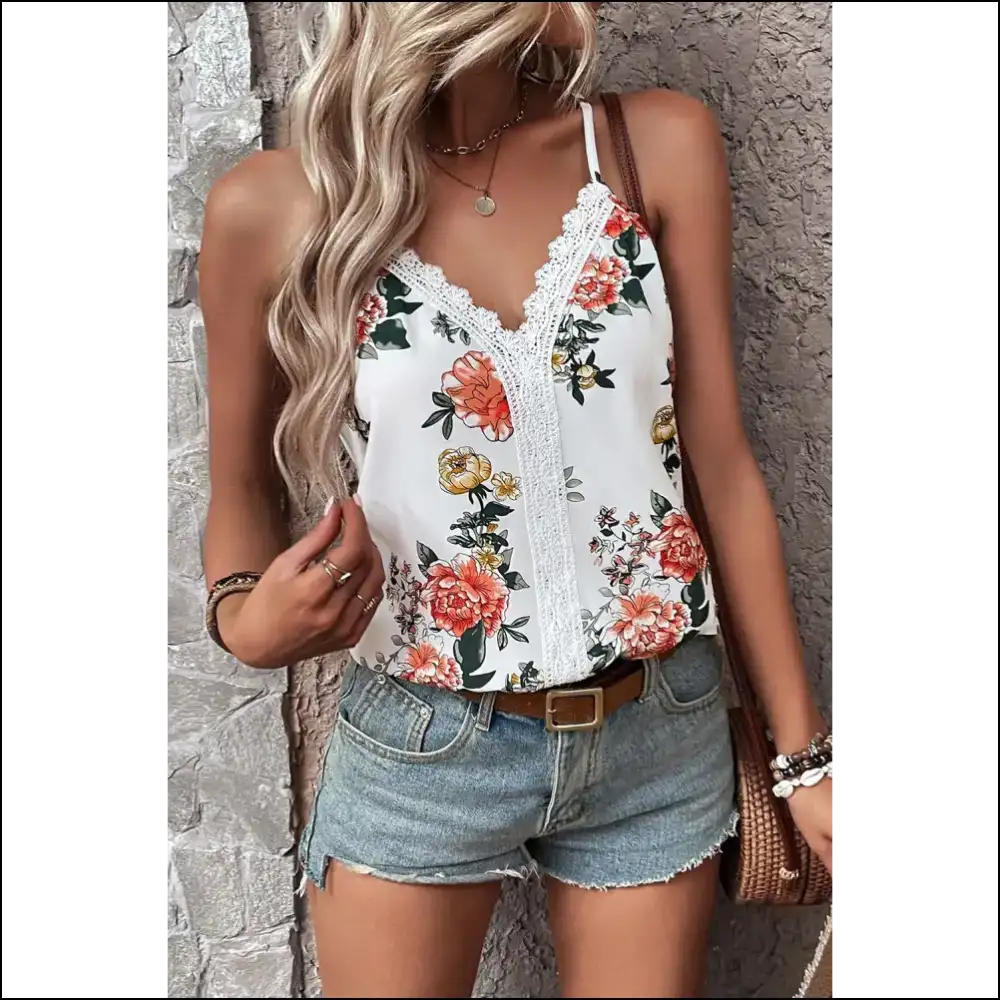 Lace Detail Printed V-neck Cami - Tank Tops on Sale Worldwide Shipping