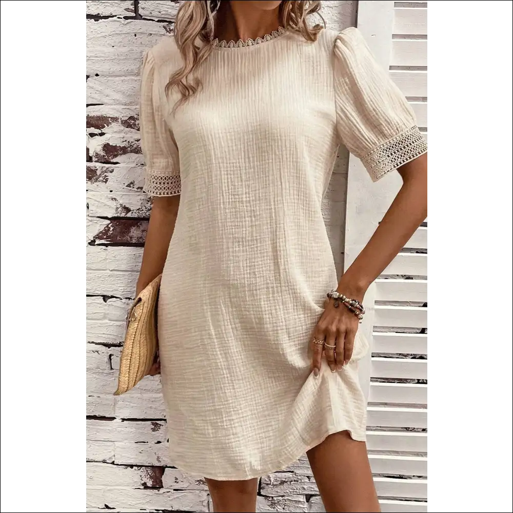 Lace Detail Round Neck Short Sleeve Mini Dress - Dresses on Sale Worldwide Shipping