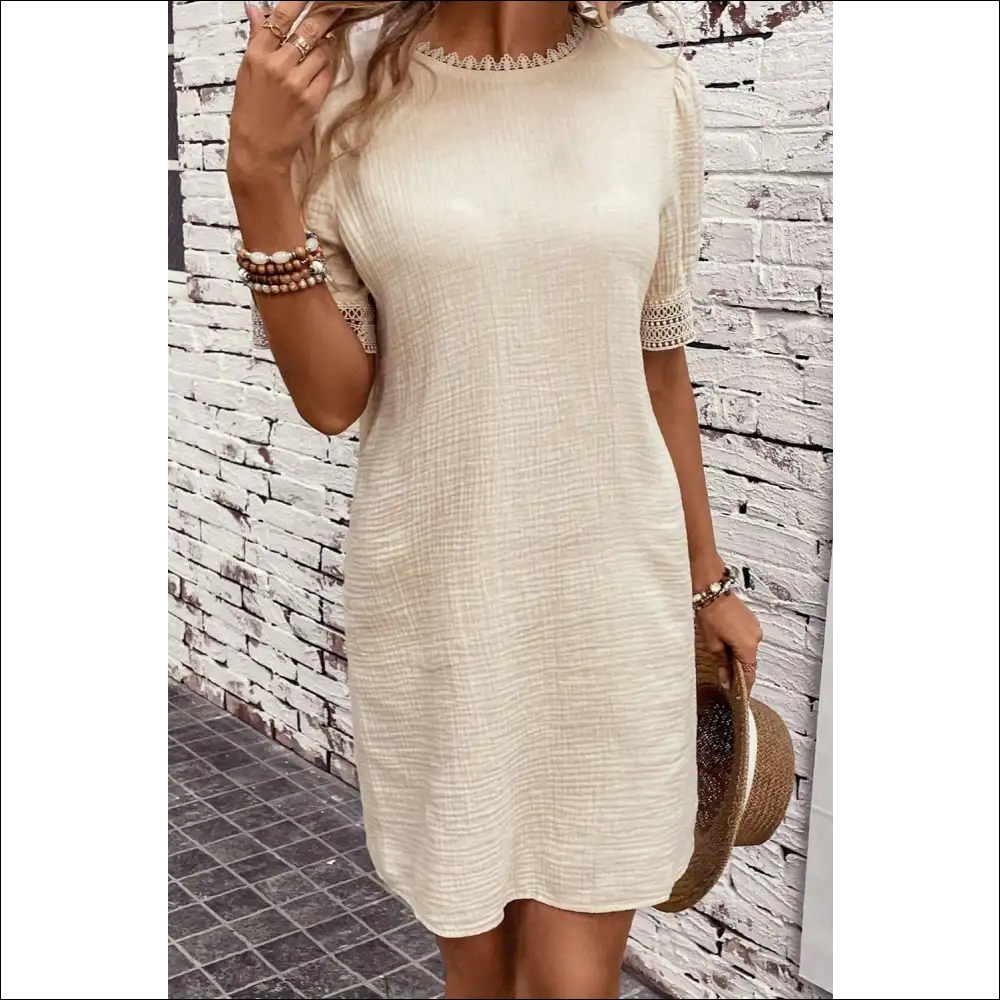 Lace Detail Round Neck Short Sleeve Mini Dress - Dresses on Sale Worldwide Shipping