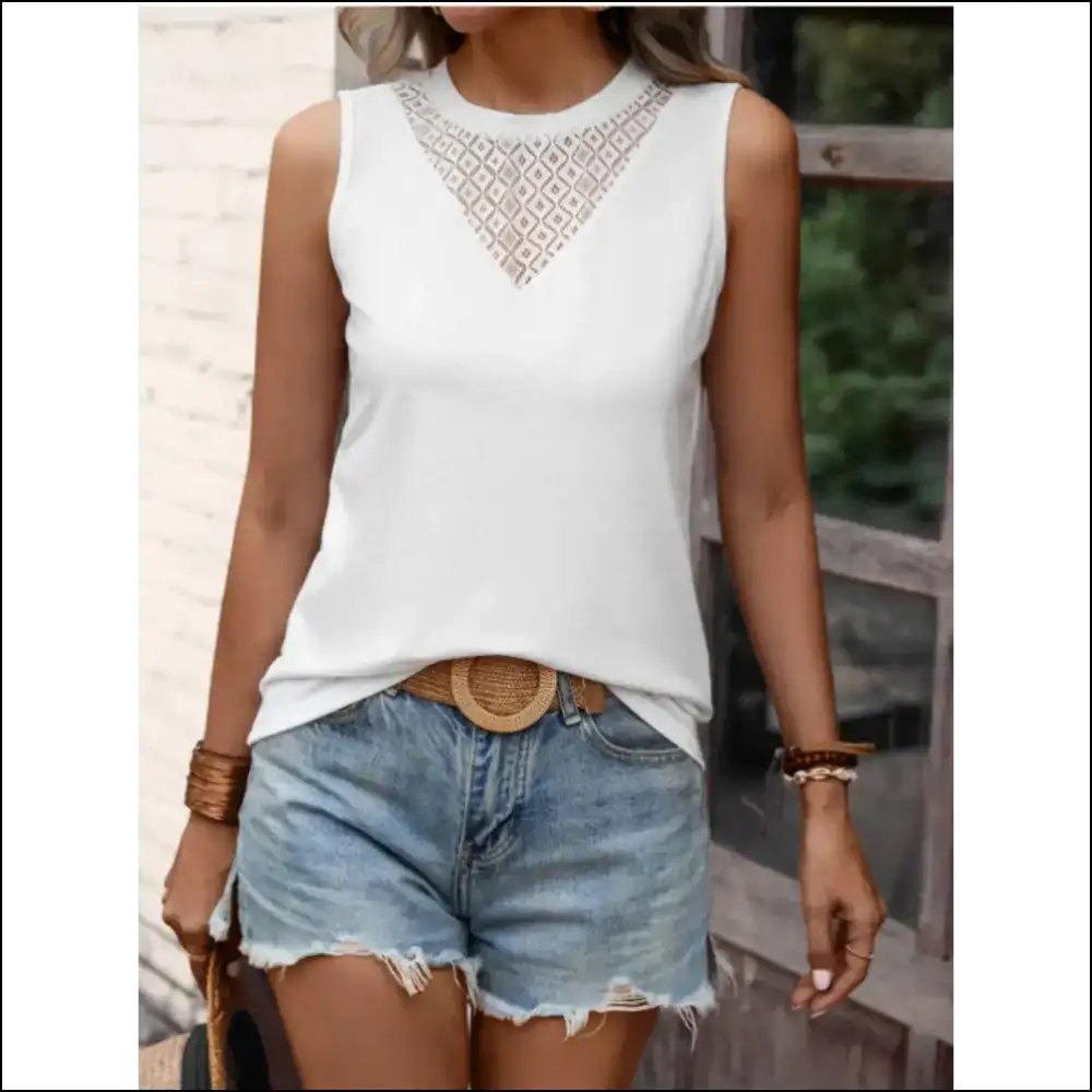 Lace Detail Round Neck Tank - Effortlessly Chic - White / s - Tops on Sale Worldwide Shipping