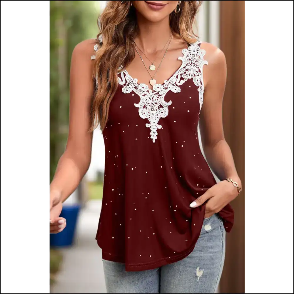 Lace Detail V-neck Cami with Wide Straps - Burgundy / s - Tank Tops on Sale Worldwide Shipping