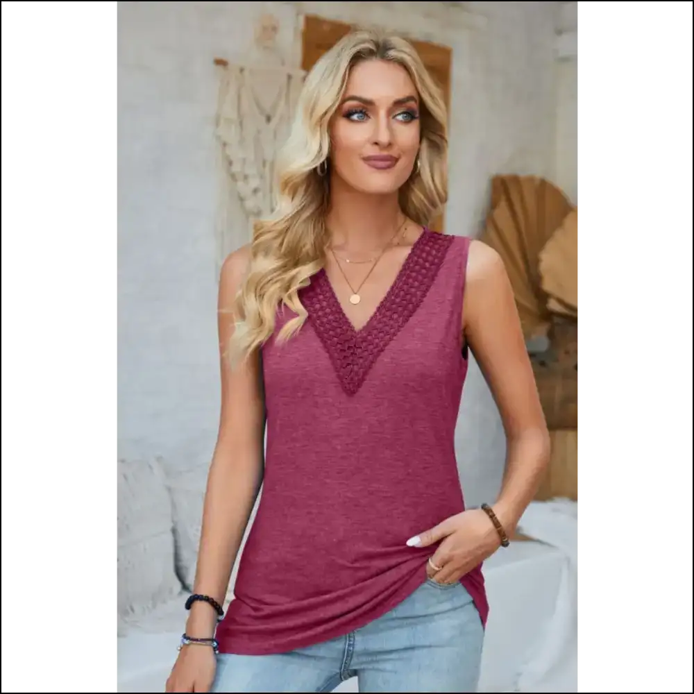 Lace Detail V-neck Tank Top - Bright Pink / 2xl - Tops on Sale Worldwide Shipping