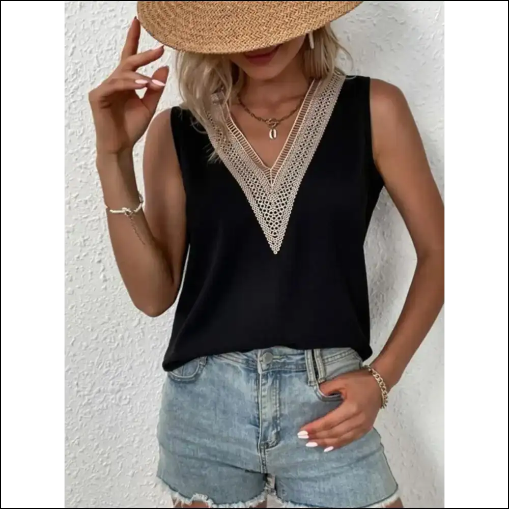 Lace Detail V-neck Tank Top - Effortlessly Chic - Black / s - Tops on Sale Worldwide Shipping