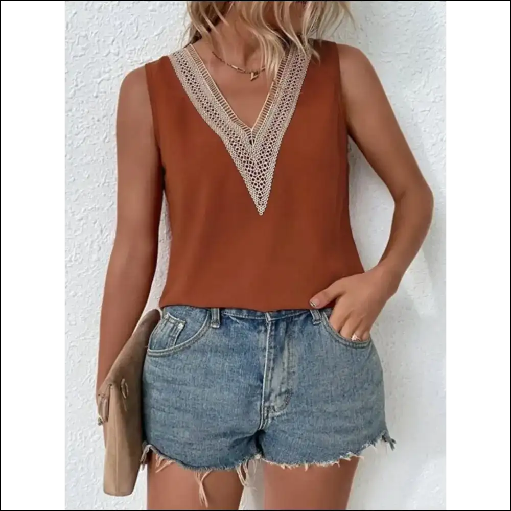 Lace Detail V-neck Tank Top - Effortlessly Chic - Brown / s - Tops on Sale Worldwide Shipping