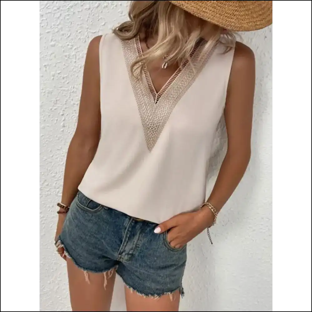 Lace Detail V-neck Tank Top - Effortlessly Chic - Tops on Sale Worldwide Shipping