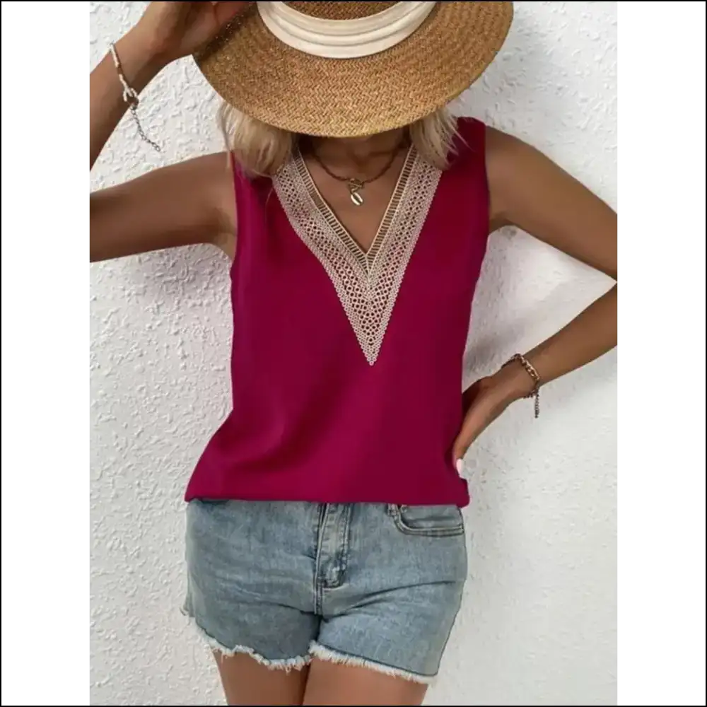 Lace Detail V-neck Tank Top - Effortlessly Chic - Red Dahlia / l - Tops on Sale Worldwide Shipping