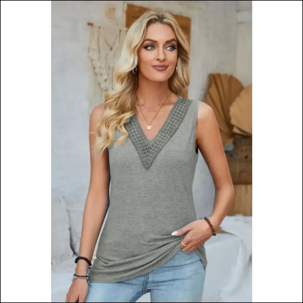 Lace Detail V-neck Tank Top - Gray / m - Tops on Sale Worldwide Shipping