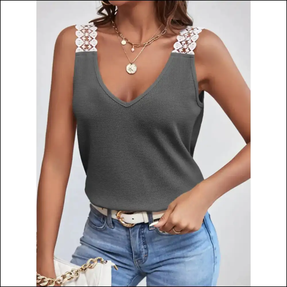 Lace Detail Waffle-knit V-neck Tank - Dark Gray / 2xl - Tops on Sale Worldwide Shipping