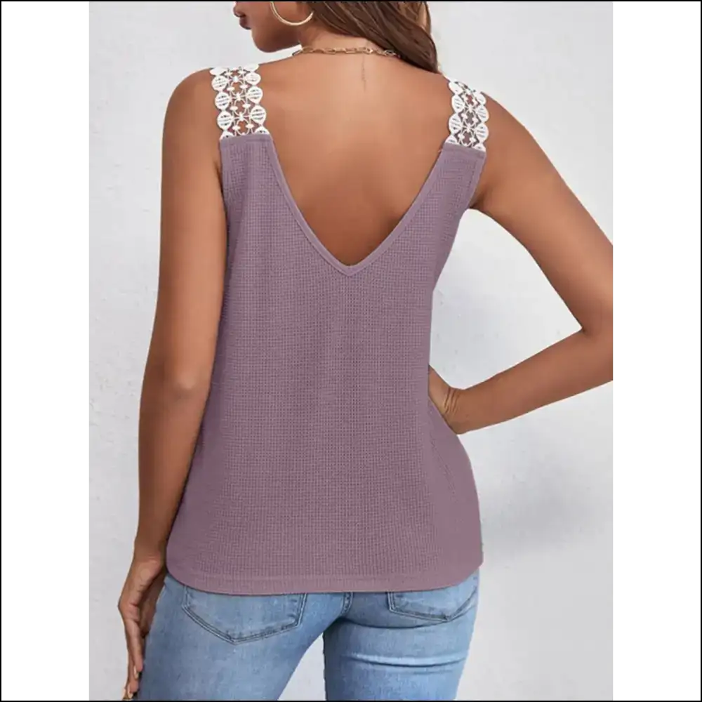 Lace Detail Waffle-knit V-neck Tank - Mauve / s - Tops on Sale Worldwide Shipping