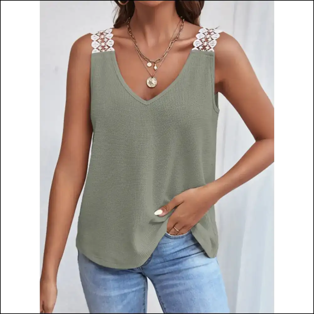 Lace Detail Waffle-knit V-neck Tank - Sage / s - Tops on Sale Worldwide Shipping