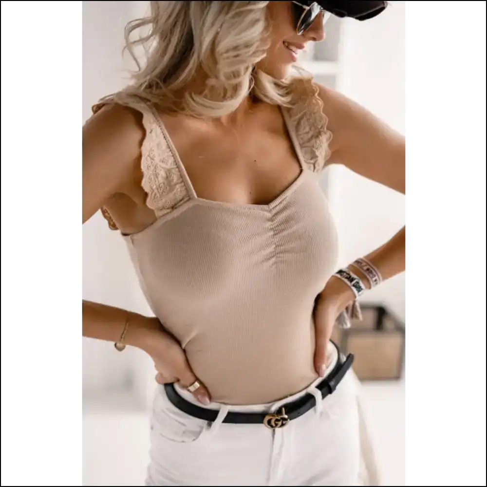 Lace Detail Wide Strap Tank Top - Tan / m - Tops on Sale Worldwide Shipping