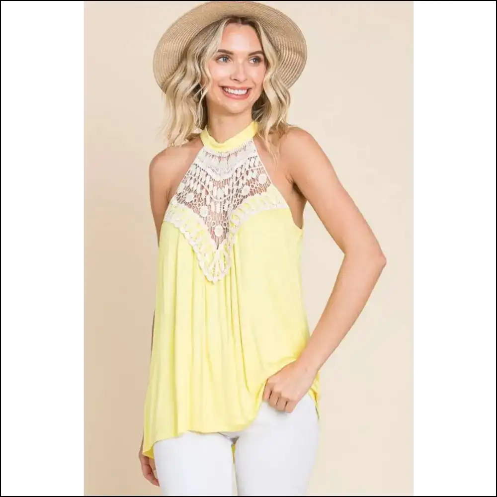 Lace Panel Sleeveless Round Neck Top - Yellow / l - Tank Tops on Sale Worldwide Shipping