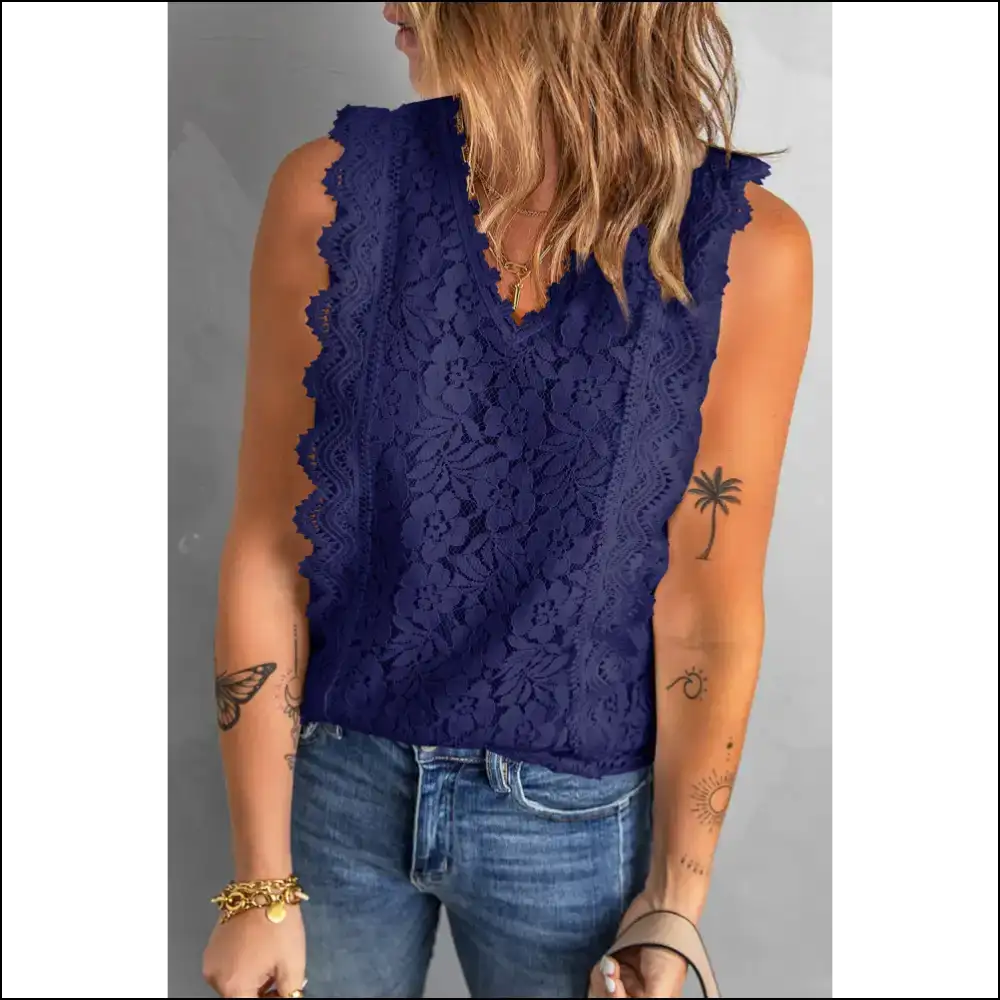 Lace V-neck Tank - Embrace your Inner Goddess - Dark Blue / m - Tops on Sale Worldwide Shipping