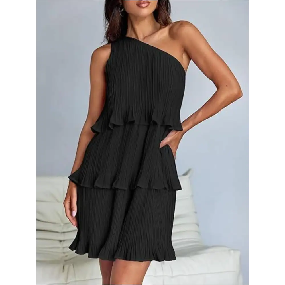 Playful Layered Single Shoulder Mini Dress - Black / s - Dresses on Sale Worldwide Shipping