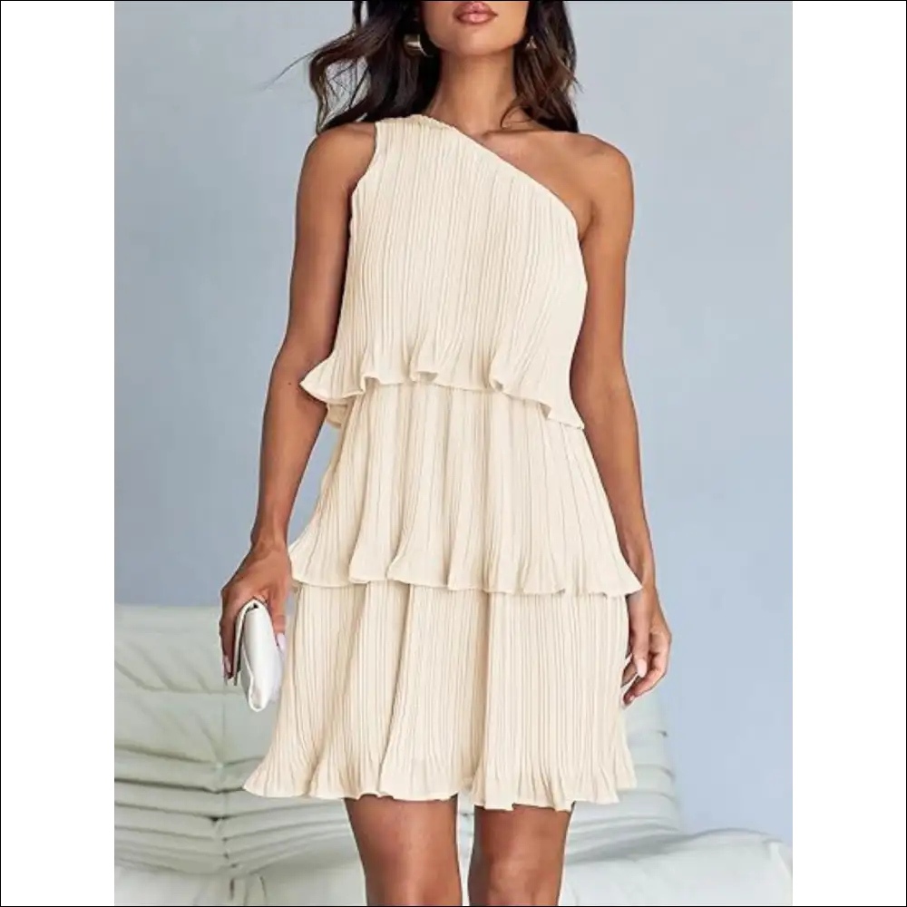 Playful Layered Single Shoulder Mini Dress - Cream / m - Dresses on Sale Worldwide Shipping