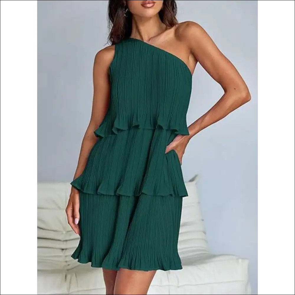 Playful Layered Single Shoulder Mini Dress - Dark Green / s - Dresses on Sale Worldwide Shipping