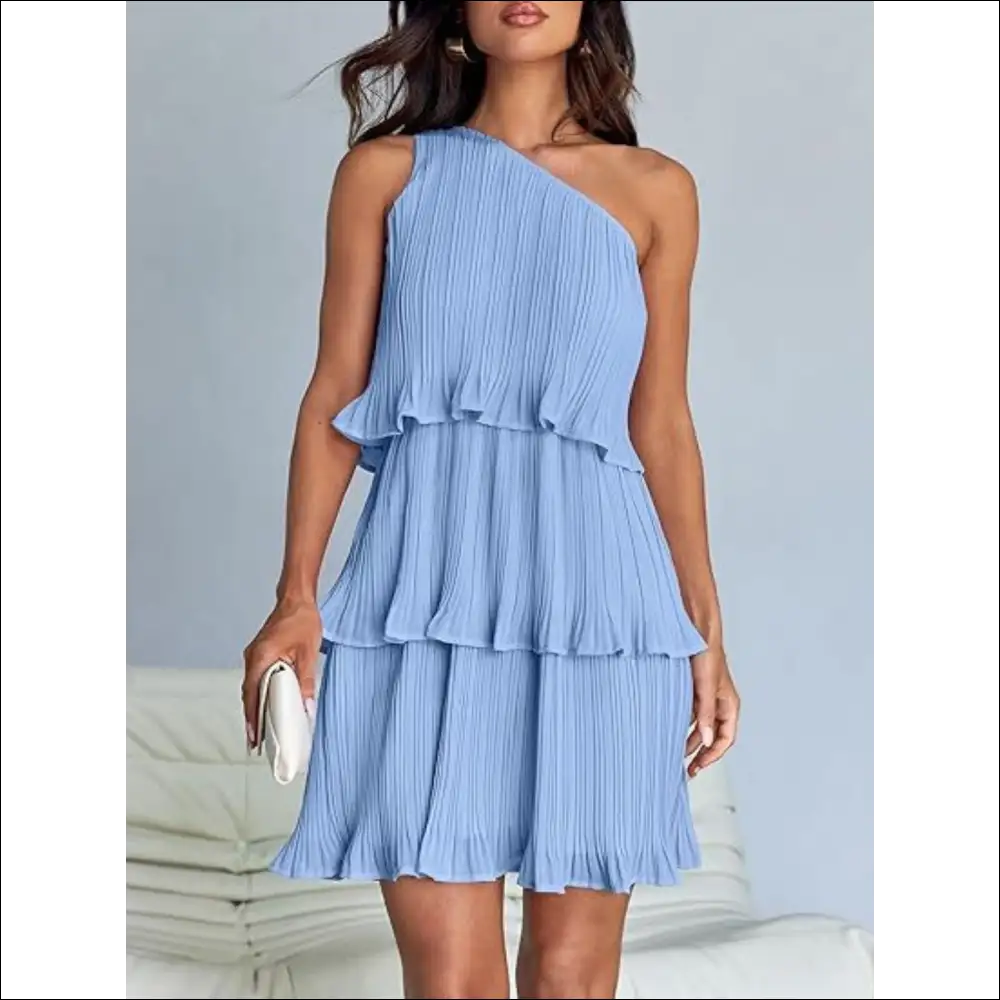 Playful Layered Single Shoulder Mini Dress - Light Blue / l - Dresses on Sale Worldwide Shipping