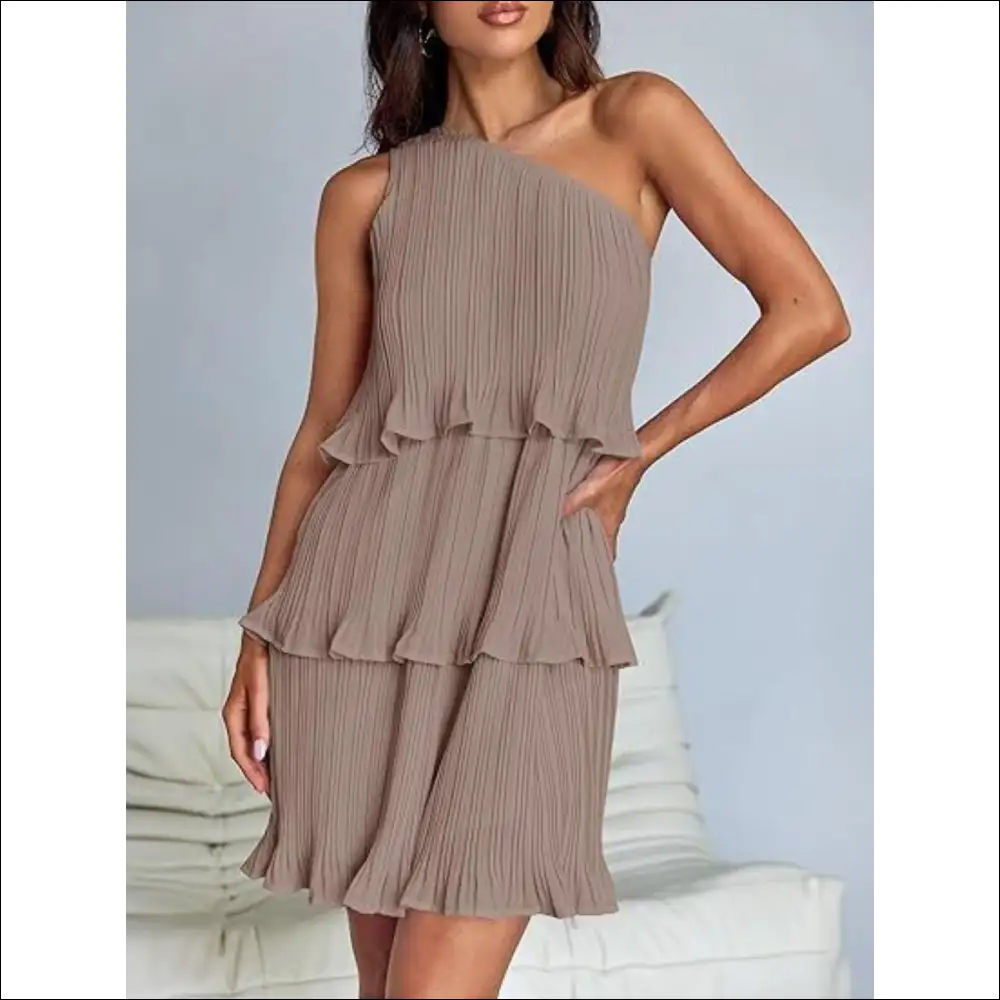 Playful Layered Single Shoulder Mini Dress - Mocha / s - Dresses on Sale Worldwide Shipping