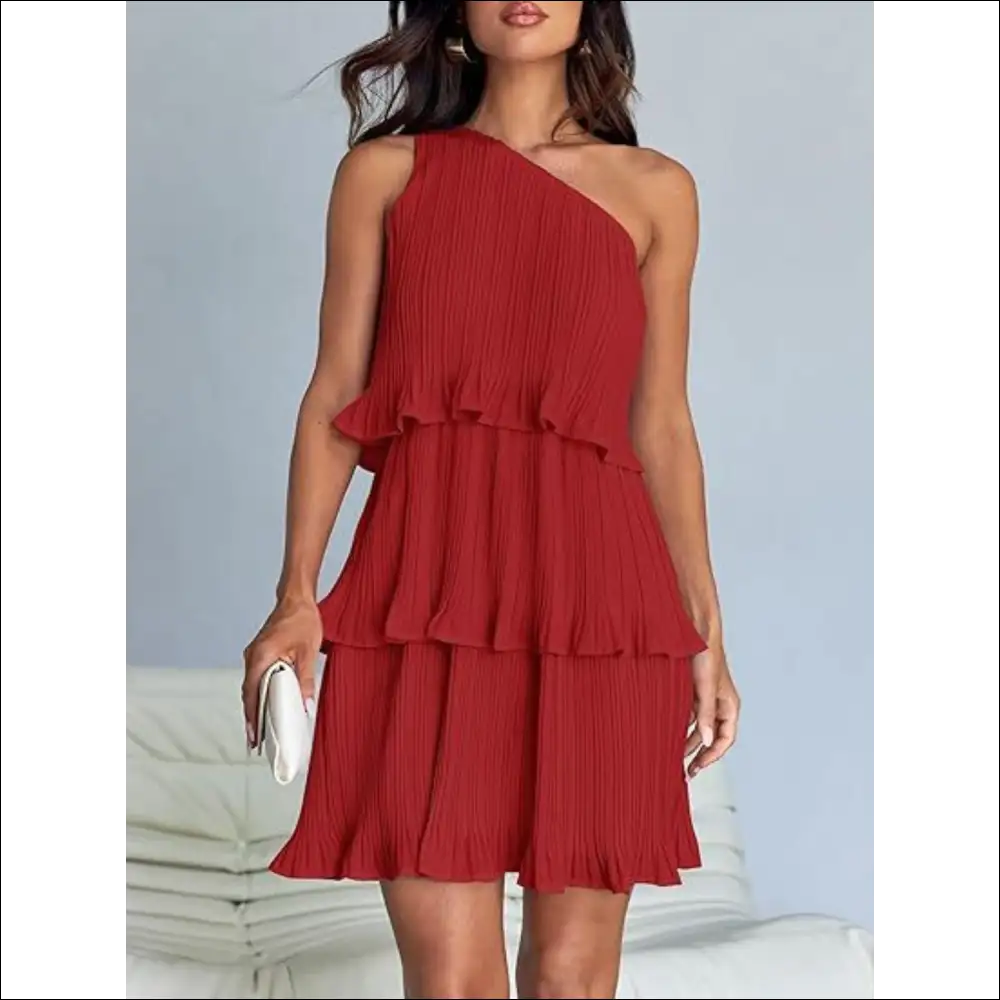 Playful Layered Single Shoulder Mini Dress - Red / s - Dresses on Sale Worldwide Shipping