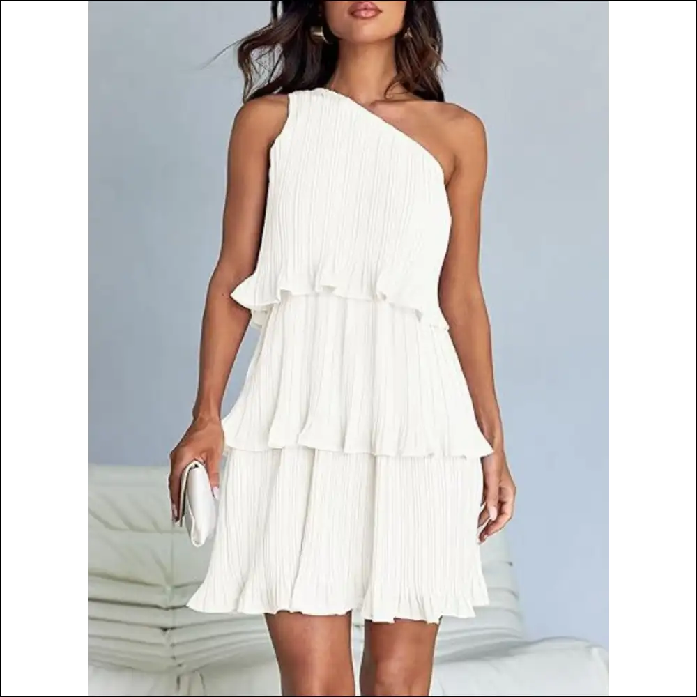 Playful Layered Single Shoulder Mini Dress - White / s - Dresses on Sale Worldwide Shipping
