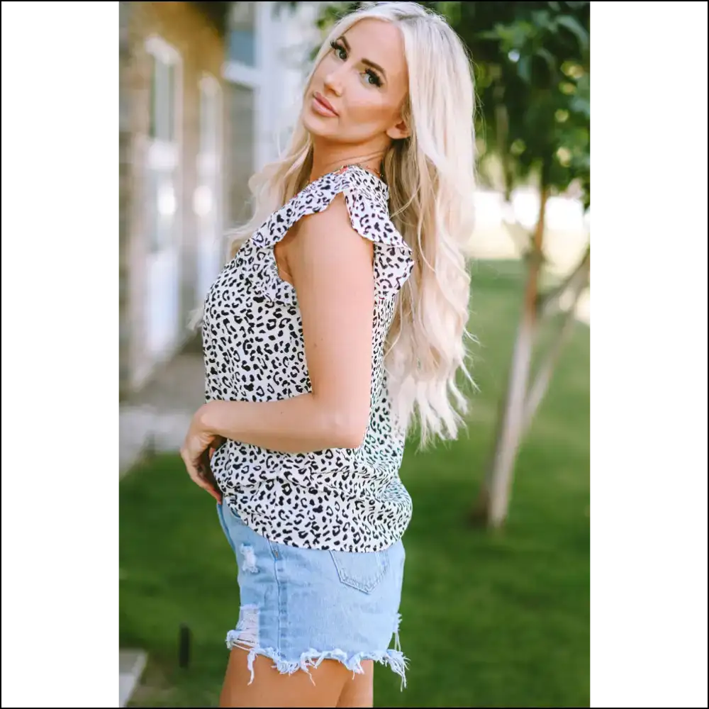 Leopard Ruffled Notched Tank - Tops on Sale Worldwide Shipping