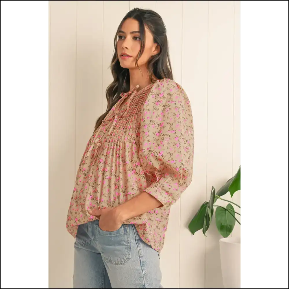 Light French Beige Ditsy Floral Print Puff Sleeve Blouse:! 🌼needful Things - Blouses on Sale Worldwide Shipping