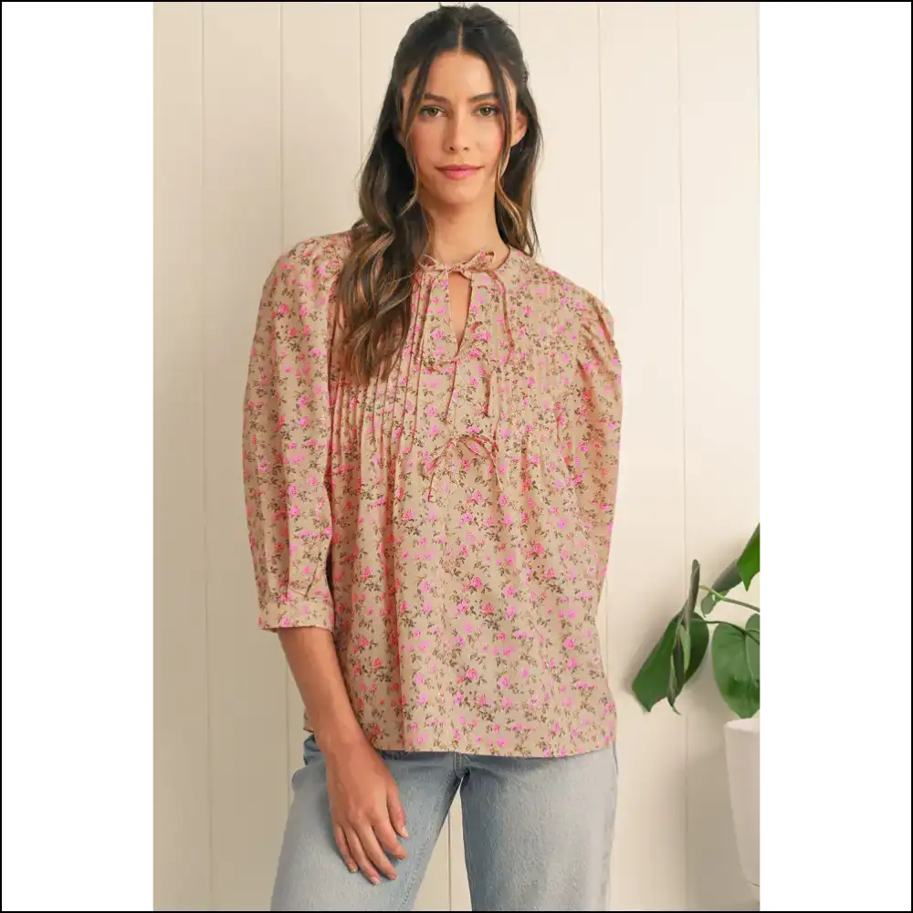 Light French Beige Ditsy Floral Print Puff Sleeve Blouse:! 🌼needful Things - Blouses on Sale Worldwide Shipping