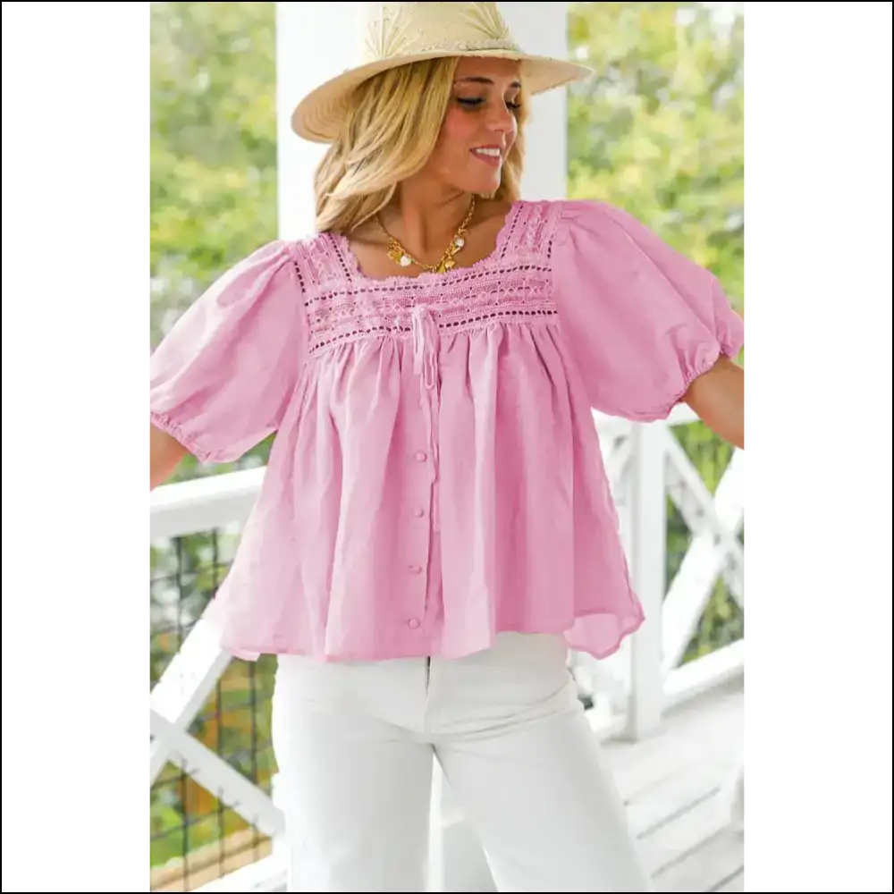 Light Pink Lace: from Wallflower to Wowza! 🌸 Puff Sleeve Blouse Magic by Needful Things - Blouses on Sale Worldwide Shipping