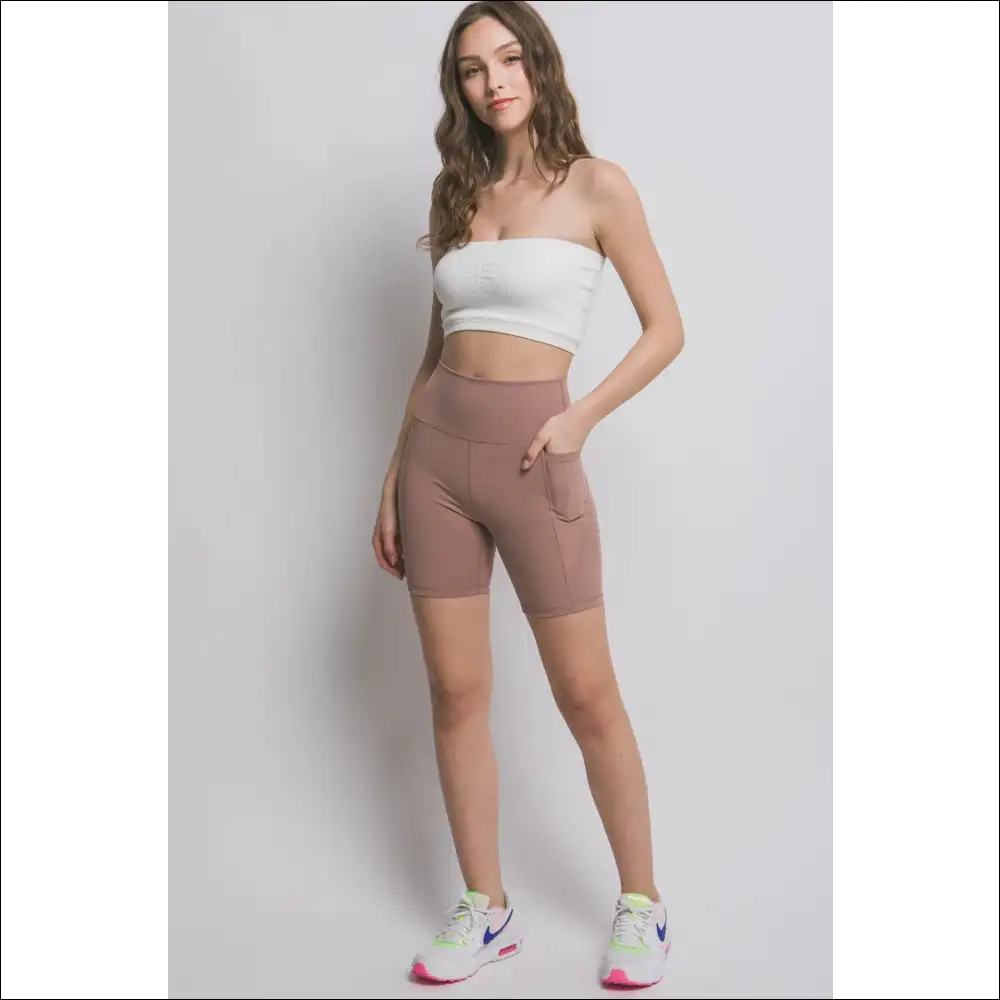 Love Tree High Waist Seam Detail Active Shorts - Taupe / l - on Sale Worldwide Shipping