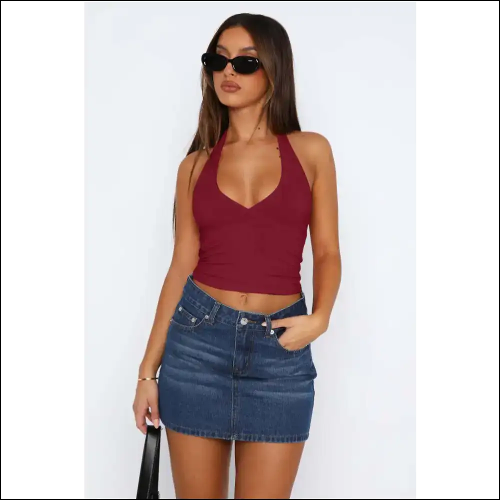 Lovelet Halter Neck Cropped Slim Cami - Burgundy / s - Tank Tops on Sale Worldwide Shipping