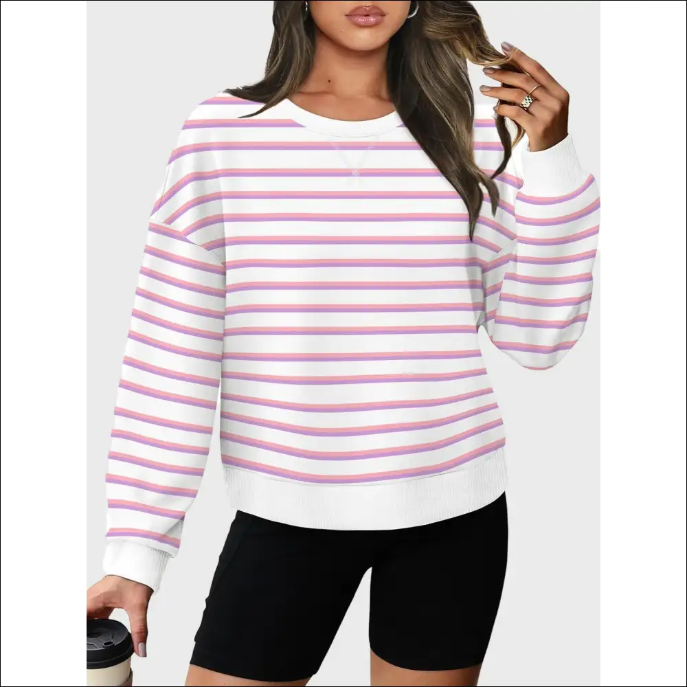 Lovelet Striped Round Neck Long Sleeve Sweatshirt - Dusty Pink / s - Sweatshirts & Hoodies on Sale Worldwide Shipping
