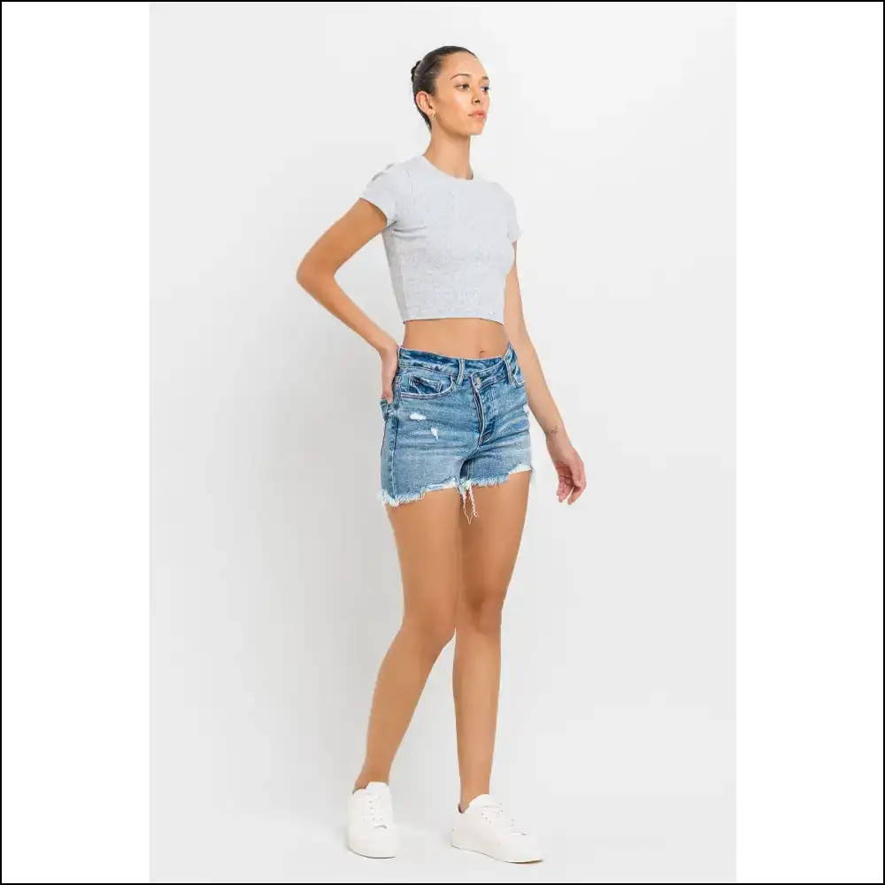 Lovervet Chic Stepped Waist Raw Hem Denim Shorts - on Sale Worldwide Shipping