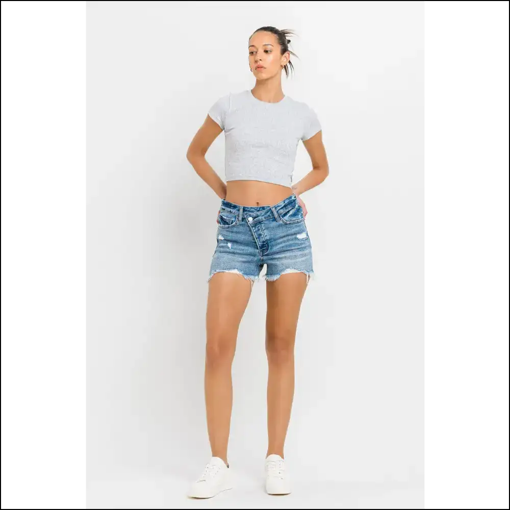 Lovervet Chic Stepped Waist Raw Hem Denim Shorts - on Sale Worldwide Shipping