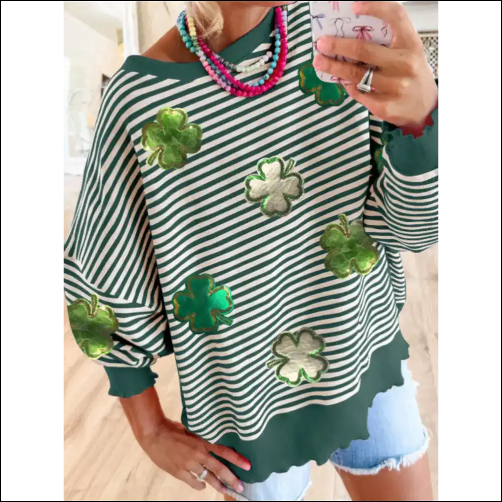 Lucky Clover Stripe Drop Shoulder Sweatshirt - Dark Green / s - Sweatshirts & Hoodies on Sale Worldwide Shipping